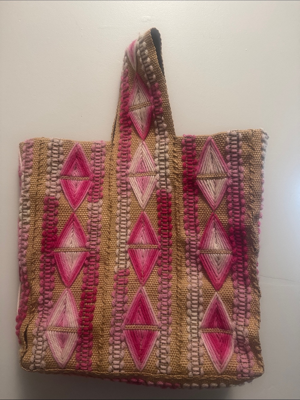 Vtg 1970s Handwoven burlap Pink Patterned Tote Bag